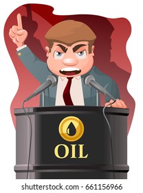 Politician speak from oil barrel . Cartoon styled vector illustration. Elements is grouped and divided into layers.