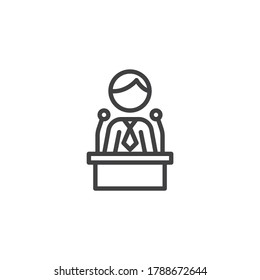 Politician speaker line icon. linear style sign for mobile concept and web design. Orator speaking from tribune outline vector icon. Symbol, logo illustration. Vector graphics