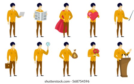Politician speaking to audience from tribune. Politician giving speech from tribune. Asian politician standings behind tribune. Set of vector flat design illustrations isolated on white background.