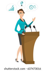 Politician speaking to audience from tribune. Politician giving speech from tribune. Politician standings behind tribune with microphones. Vector flat design illustration isolated on white background.