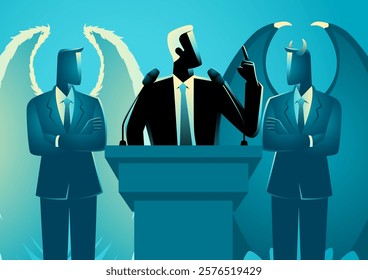 Politician speaking at a podium, flanked by an angel on the right and a devil on the left. Symbolizing moral conflict, decision-making, and the struggle between good and evil in leadership