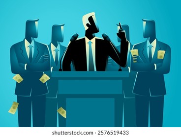 Politician speaking at a podium, flanked by individuals with pockets overflowing with money, symbolizing oligarchy, financial influence in politics, corruption, money control, and power dynamics