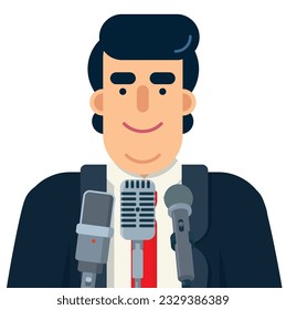 Politician speaking in public at microphones, vector illustration