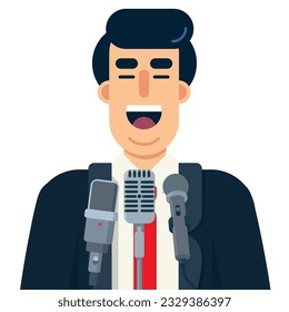 Politician speaking in public at microphones, vector illustration