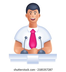 The politician speaks on the podium. TV news announcer. The speaker speaks into microphones. 3d vector people character. cartoon minimal illustration.