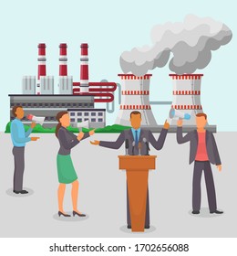 Politician speech, pollution factory, environmental contamination flat vector illustration. Male, female character perform, eco friendly activist talk loudspeaker, closed dirty manufacture.