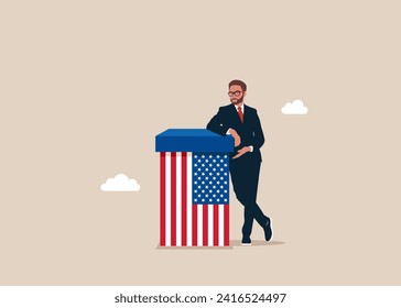 Politician standing with crossed legs and leaning on tribune United State of America. Vector politician character illustration.