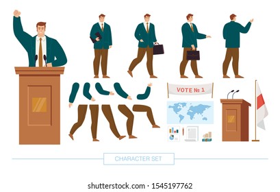 Politician, Statesman Character Constructor Trendy Flat Design Elements Set. President Elections Candidate in Various Poses, Body Parts Pack, Emotion Face Expressions Kit, Vote Campaign Illustrations