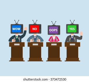 politician with tv head at the podium. press conference concept illustration.