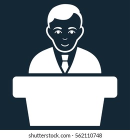 Politician vector icon. Flat white symbol. Pictogram is isolated on a dark blue background. Designed for web and software interfaces.