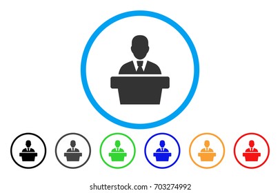 Politician vector rounded icon. Image style is a flat gray icon symbol inside a blue circle. Bonus color versions are gray, black, blue, green, red, orange.