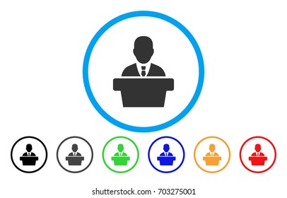 Politician vector rounded icon. Image style is a flat gray icon symbol inside a blue circle. Bonus color versions are grey, black, blue, green, red, orange.