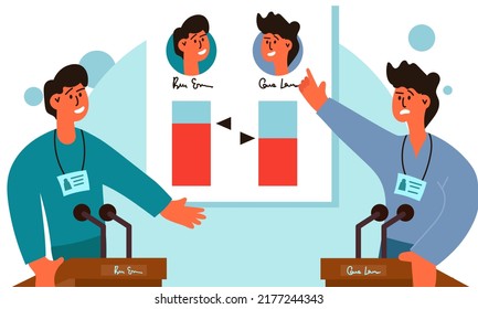 Politician vote lawmaking and ballot candidate campaign. Democracy debate government and elect vector illustration. Official politics and voting public. Senator congress discussion on parliament