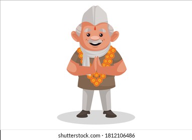 Politician is wearing flower garland and with greet hands. Vector graphic illustration. Individually on a white background.