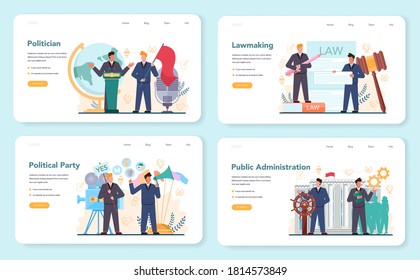 Politician web banner or landing page set. Idea of election and governement. Democratic governance. Political party, lawmaking, public administration. Isolated flat illustration