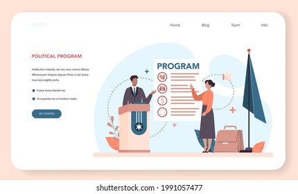 Politician web banner or landing page. Idea of election and democratic governance. Political party program building, lawmaking and public administration. Isolated flat illustration