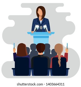 Politician woman standing behind rostrum and giving a speech. Female Person on Podium for Presentation and Seminar for People with Microphone. Public Speaking.
