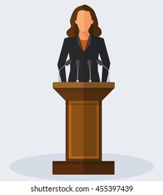 Politician Woman Standing Behind Rostrum And Giving A Speech. Vector Flat Style Colorful Illustration