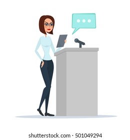 Politician woman standing behind rostrum and giving a speech. Vector illustration isolated on white background in flat style.