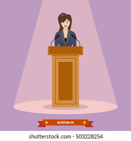 Politician Woman Standing Behind Rostrum And Giving A Speech. Vector Illustration