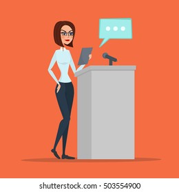 Politician Woman Standing Behind Rostrum And Giving A Speech. Vector Creative Color Illustrations Flat Design In Flat Modern Style.