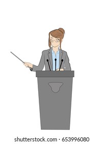 Politician Woman Standing Behind Rostrum And Giving A Speech. Vector Illustration