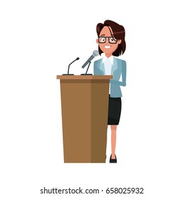 Politician Woman Standing Behind Rostrum And Giving A Speech. Vector Flat Style Colorful Illustration