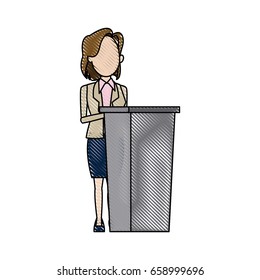 Politician Woman Standing Behind Rostrum And Giving A Speech Vector Illustration