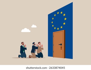 Políticos e empresários rezam pela União Europeia. Integração na União Europeia. Ilustração vetorial moderna em estilo plano