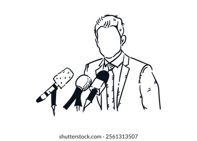 Politicians or businessmen being interviewed in front of the public, hand drawn line sketch vector illustration