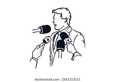 Politicians or businessmen being interviewed in front of the public, hand drawn line sketch vector illustration