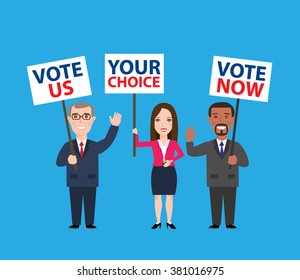 politicians candidates men woman with  agitation signs election slogan.election campaign concept illustration