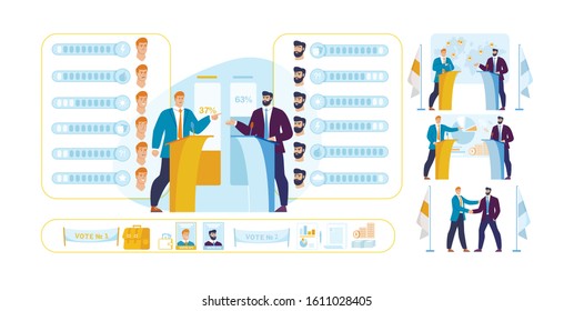 Politicians Constructor Characters and Scenes Set. Man in Formal Clothes Having Speech Standing at Tribune with Microphone. Voting, Debate, Election Race, Emotions and Accessories. Vector Illustration