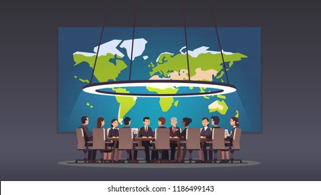 Politicians or corporate officers group authority people discussing strategy sitting at round table. Big war room world map. Conference hall, boardroom or meeting room. Flat vector illustration