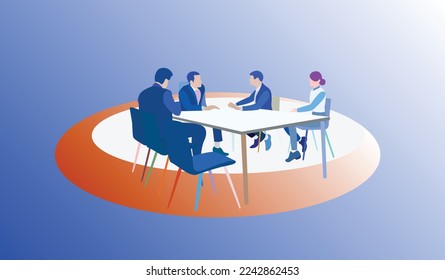 Politicians or corporate officers group authority people talks sitting at round table.  Flat vector illustration.