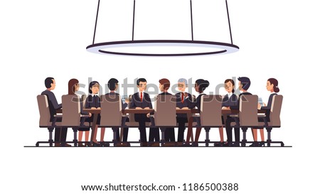 Politicians or corporate officers group authority people talks sitting at round table. Big war room. Negotiations conversation conference hall, boardroom or meeting room. Flat vector illustration
