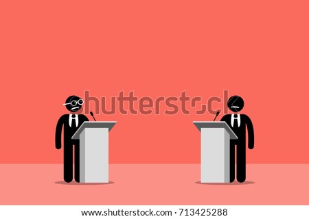 Politicians debating on the stage. Vector artwork depicts presidential debates, argument, and contest.