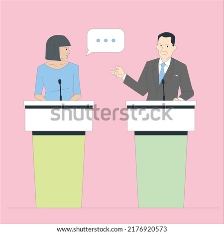 Politicians are discussing on stage. Debates concept. Candidates speech. Flat vector illustration. Political debates illustration. Man and woman politician discussing problems.