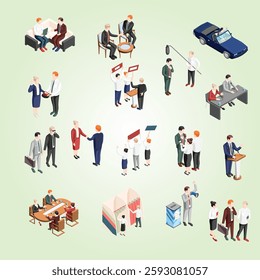 Politicians during debates conference and election campaign voters and supporters set of isometric icons isolated