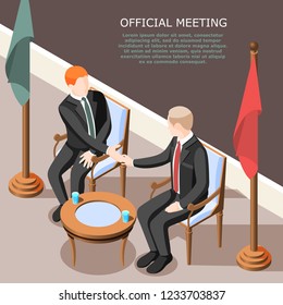 Politicians during hand shake at official meeting isometric background vector illustration