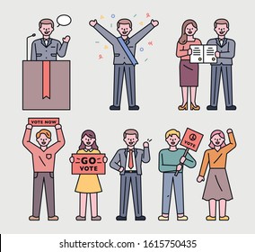 Politicians give speeches and supporters are encouraging voting. flat design style minimal vector illustration.