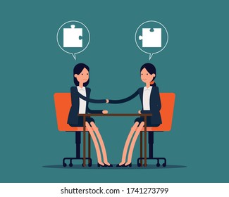 Politicians handshaking with matching jigsaw puzzle pieces in speech bubbles. Business deal or success agreement. Vector illustration in cartoon style