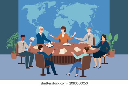 Politicians having meeting at round table on background with world map flat vector illustration