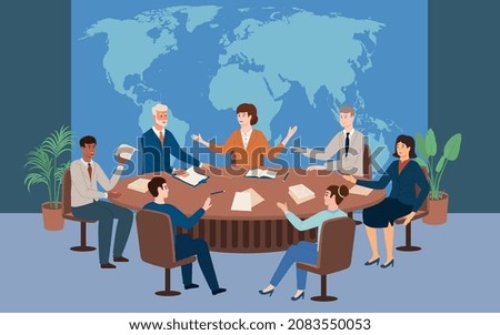 Politicians having meeting at round table on background with world map flat vector illustration