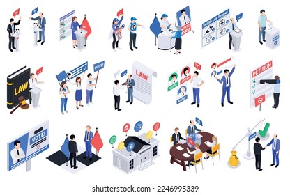 Politicians lawmakers isometric set with isolated compositions of icons voting petitions and human characters of officials vector illustration