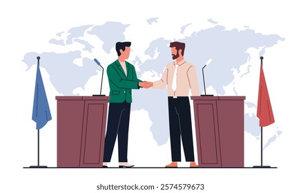 Politicians make international agreement. Men on wooden pedestals shake hands as result of negotiations, different flags, public meeting. Cartoon flat style isolated vector concept