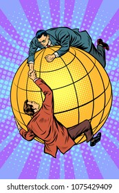 Politicians on the globe help each other. Global business and international politics. Pop art retro vector illustration cartoon comics kitsch drawing