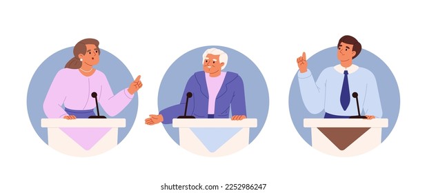Politicians stand on tribunes debating. Candidates at political debates, election campaign. People on podium speak into microphones, cartoon icons isolated set. Vector illustration
