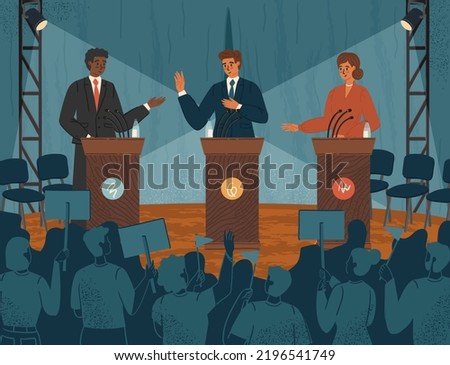Politicians standing on podium and debating. National election and voting vector illustration. Male and female political candidates at debates, election campaign. Presidential election speech