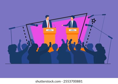 Politicians talking or having debates in front of audience flat vector illustration. Cartoon male public speakers standing on rostrum and arguing. Politics, government and controversy concept